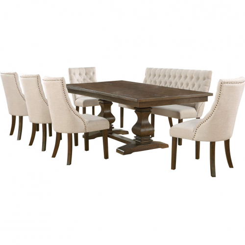 D42 7 Piece Extendable Dining Set w/ Bench in Walnut Finish Wood & Beige Linen