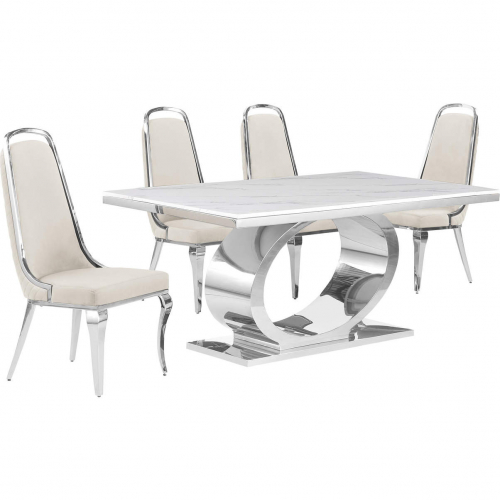 D430 5 Piece Dining Set in White Marble, Polished Stainless Steel & Cream Velvet