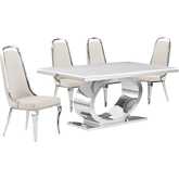 D430 5 Piece Dining Set in White Marble, Polished Stainless Steel & Cream Velvet