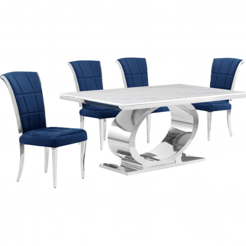 D430 5 Piece Dining Set in White Marble, Polished Stainless Steel & Navy Blue Velvet