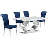 D430 5 Piece Dining Set in White Marble, Polished Stainless Steel & Navy Blue Velvet