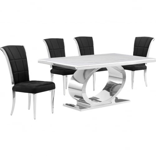 D430 5 Piece Dining Set in White Marble, Polished Stainless Steel & Black Velvet