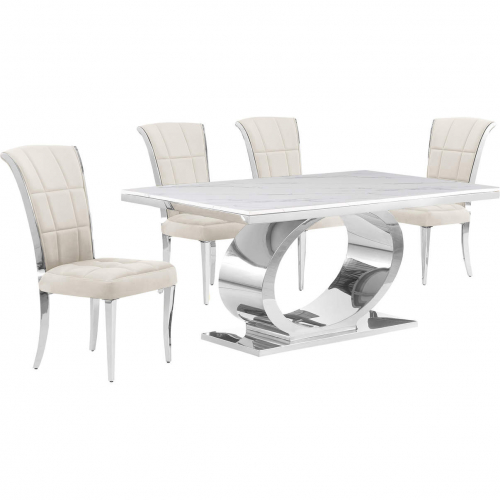 D430 5 Piece Dining Set in White Marble, Polished Stainless Steel & Cream Velvet