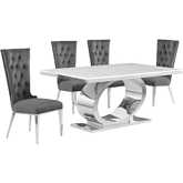 D430 5 Piece Dining Set in White Marble, Polished Stainless Steel & Dark Gray Velvet