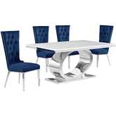 D430 5 Piece Dining Set in White Marble, Polished Stainless Steel & Navy Blue Velvet