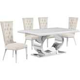 D430 5 Piece Dining Set in White Marble, Polished Stainless Steel & Cream Velvet