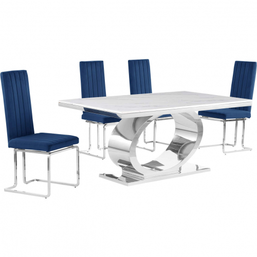 D430 5 Piece Dining Set in White Marble, Polished Stainless Steel & Navy Blue Velvet