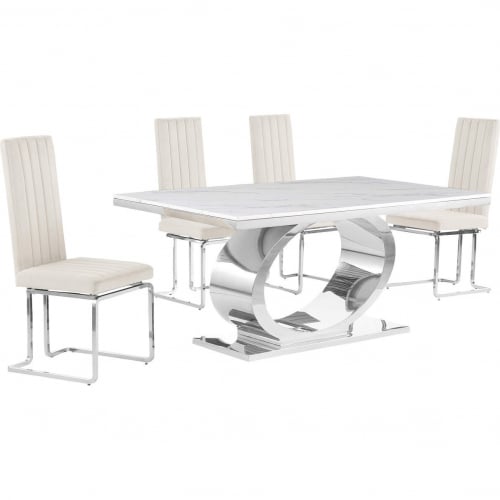 D430 5 Piece Dining Set in White Marble, Polished Stainless Steel & Cream Velvet