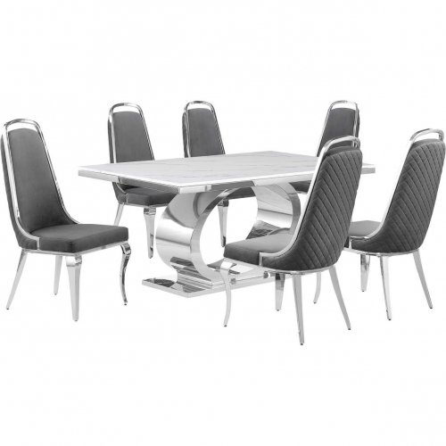 D430 7 Piece Dining Set in White Marble, Polished Stainless Steel & Dark Gray Velvet