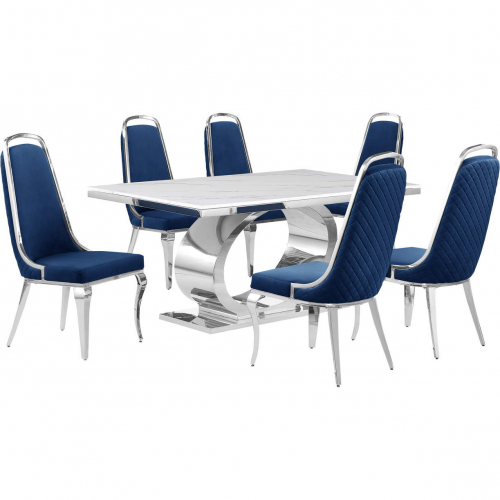 D430 7 Piece Dining Set in White Marble, Polished Stainless Steel & Navy Blue Velvet