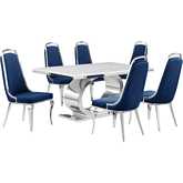 D430 7 Piece Dining Set in White Marble, Polished Stainless Steel & Navy Blue Velvet