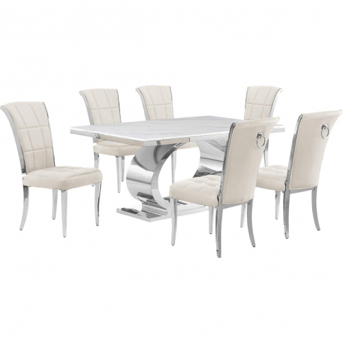 D430 7 Piece Dining Set in White Marble, Polished Stainless Steel & Cream Velvet