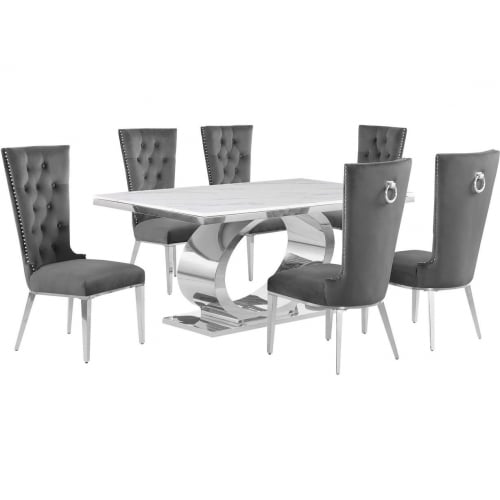 D430 7 Piece Dining Set in White Marble, Polished Stainless Steel & Dark Gray Velvet