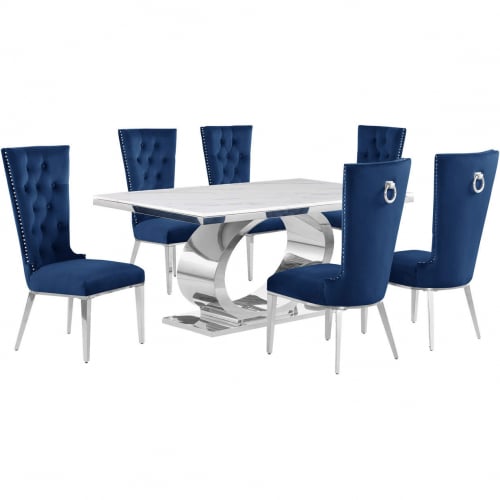 D430 7 Piece Dining Set in White Marble, Polished Stainless Steel & Navy Blue Velvet