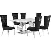 D430 7 Piece Dining Set in White Marble, Polished Stainless Steel & Black Velvet