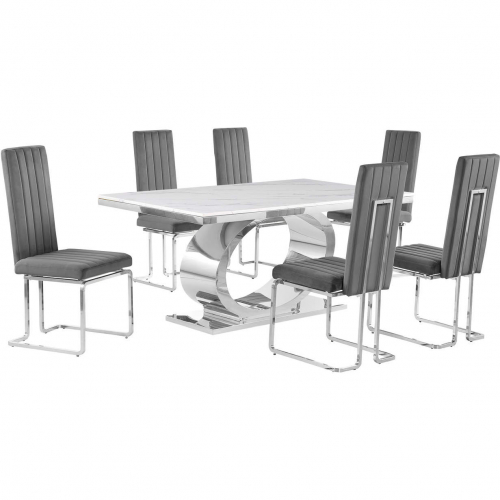 D430 7 Piece Dining Set in White Marble, Polished Stainless Steel & Dark Gray Velvet