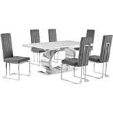 D430 7 Piece Dining Set in White Marble, Polished Stainless Steel & Dark Gray Velvet