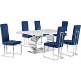 D430 7 Piece Dining Set in White Marble, Polished Stainless Steel & Navy Blue Velvet