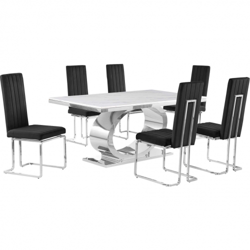 D430 7 Piece Dining Set in White Marble, Polished Stainless Steel & Black Velvet