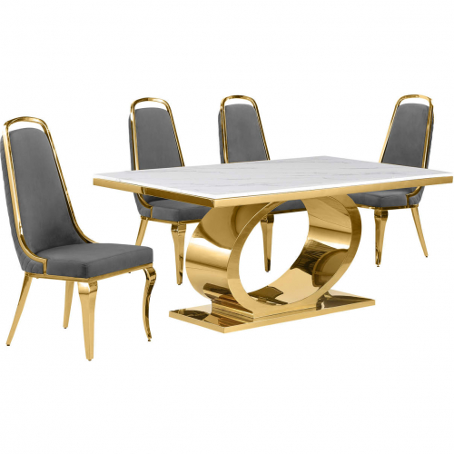 D431 5 Piece Dining Set in White Marble, Polished Gold Stainless Steel & Dark Gray Velvet