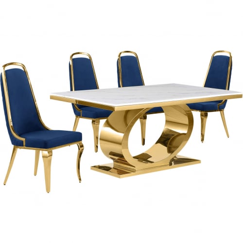 D431 5 Piece Dining Set in White Marble, Polished Gold Stainless Steel & Navy Blue Velvet