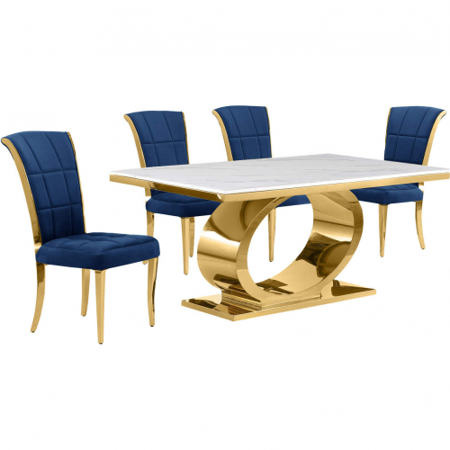 D431 5 Piece Dining Set in White Marble, Polished Gold Stainless Steel & Navy Blue Velvet