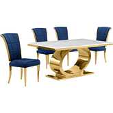 D431 5 Piece Dining Set in White Marble, Polished Gold Stainless Steel & Navy Blue Velvet