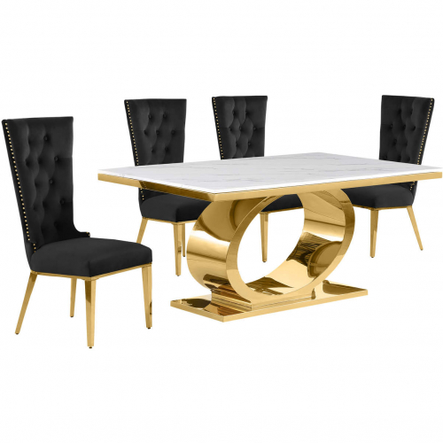 D431 5 Piece Dining Set in White Marble, Polished Gold Stainless Steel & Black Velvet