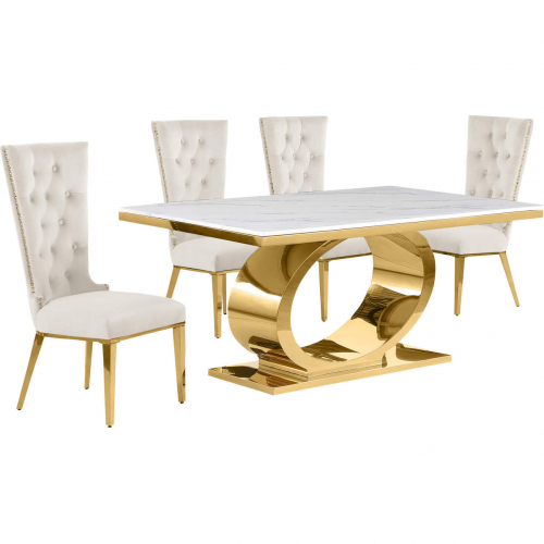 D431 5 Piece Dining Set in White Marble, Polished Gold Stainless Steel & Cream Velvet