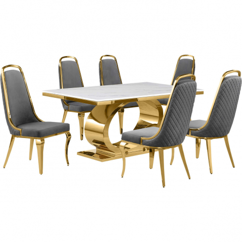 D431 7 Piece Dining Set in White Marble, Polished Gold Stainless Steel & Dark Gray Velvet