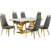 D431 7 Piece Dining Set in White Marble, Polished Gold Stainless Steel & Dark Gray Velvet