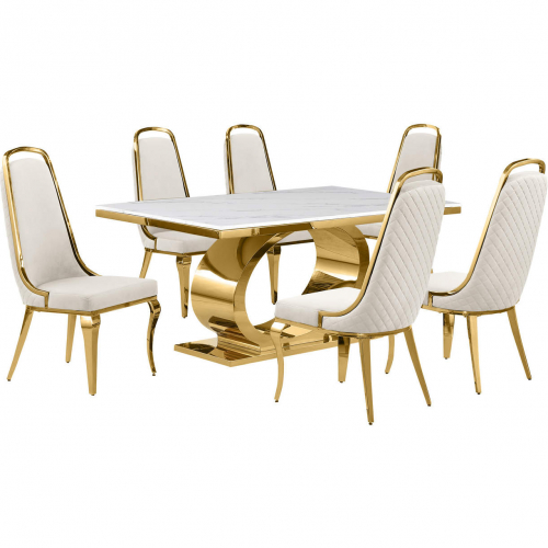 D431 7 Piece Dining Set in White Marble, Polished Gold Stainless Steel & Cream Velvet