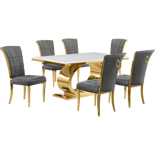 D431 7 Piece Dining Set in White Marble, Polished Gold Stainless Steel & Dark Gray Velvet