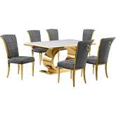 D431 7 Piece Dining Set in White Marble, Polished Gold Stainless Steel & Dark Gray Velvet