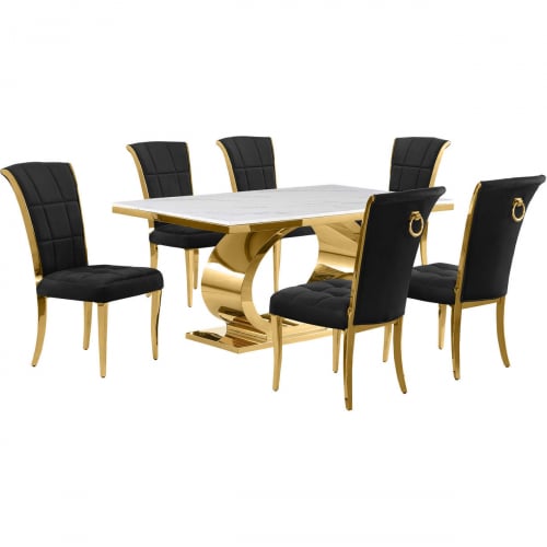 D431 7 Piece Dining Set in White Marble, Polished Gold Stainless Steel & Black Velvet