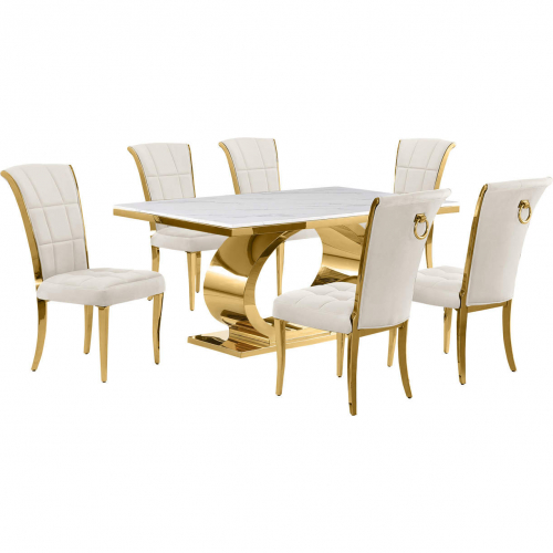 D431 7 Piece Dining Set in White Marble, Polished Gold Stainless Steel & Cream Velvet