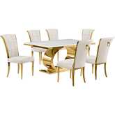 D431 7 Piece Dining Set in White Marble, Polished Gold Stainless Steel & Cream Velvet