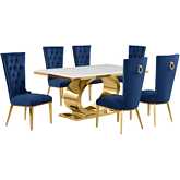 D431 7 Piece Dining Set in White Marble, Polished Gold Stainless Steel & Navy Blue Velvet