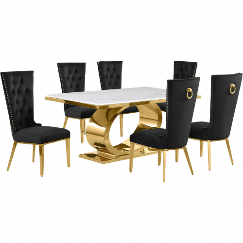 D431 7 Piece Dining Set in White Marble, Polished Gold Stainless Steel & Black Velvet