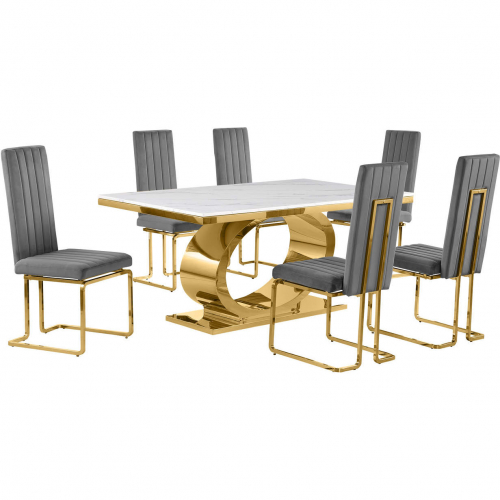 D431 7 Piece Dining Set in White Marble, Polished Gold Stainless Steel & Dark Gray Velvet