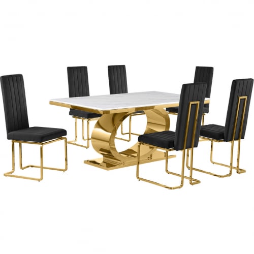 D431 7 Piece Dining Set in White Marble, Polished Gold Stainless Steel & Black Velvet