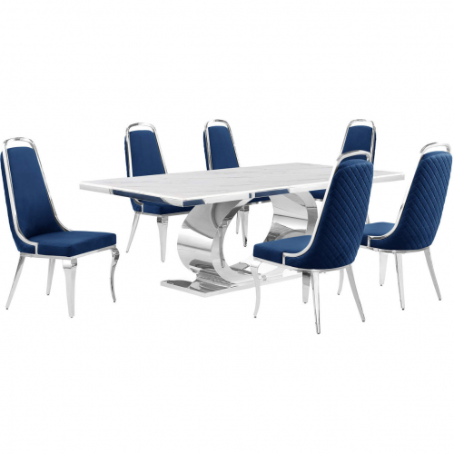 D432 7 Piece Dining Set in White Marble, Polished Stainless Steel & Navy Blue Velvet