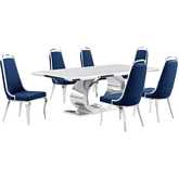 D432 7 Piece Dining Set in White Marble, Polished Stainless Steel & Navy Blue Velvet