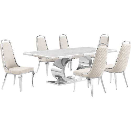 D432 7 Piece Dining Set in White Marble, Polished Stainless Steel & Cream Velvet