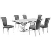 D432 7 Piece Dining Set in White Marble, Polished Stainless Steel & Dark Gray Velvet