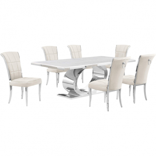 D432 7 Piece Dining Set in White Marble, Polished Stainless Steel & Cream Velvet