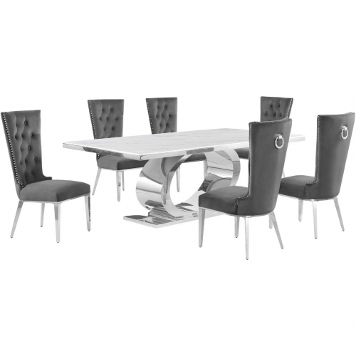 D432 7 Piece Dining Set in White Marble, Polished Stainless Steel & Dark Gray Velvet