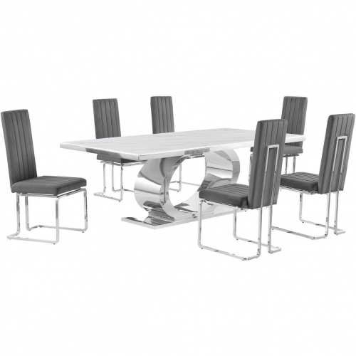 D432 7 Piece Dining Set in White Marble, Polished Stainless Steel & Dark Gray Velvet