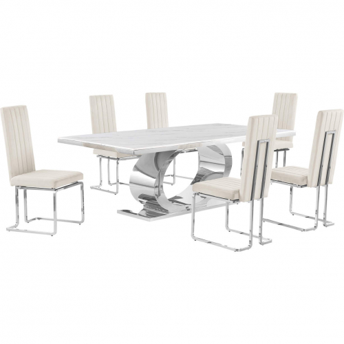 D432 7 Piece Dining Set in White Marble, Polished Stainless Steel & Cream Velvet