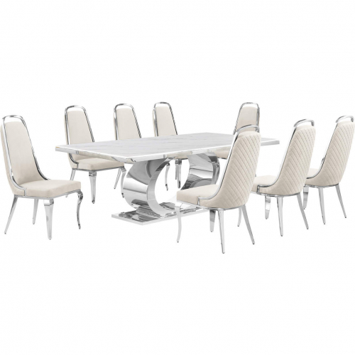 D432 9 Piece Dining Set in White Marble, Polished Stainless Steel & Cream Velvet